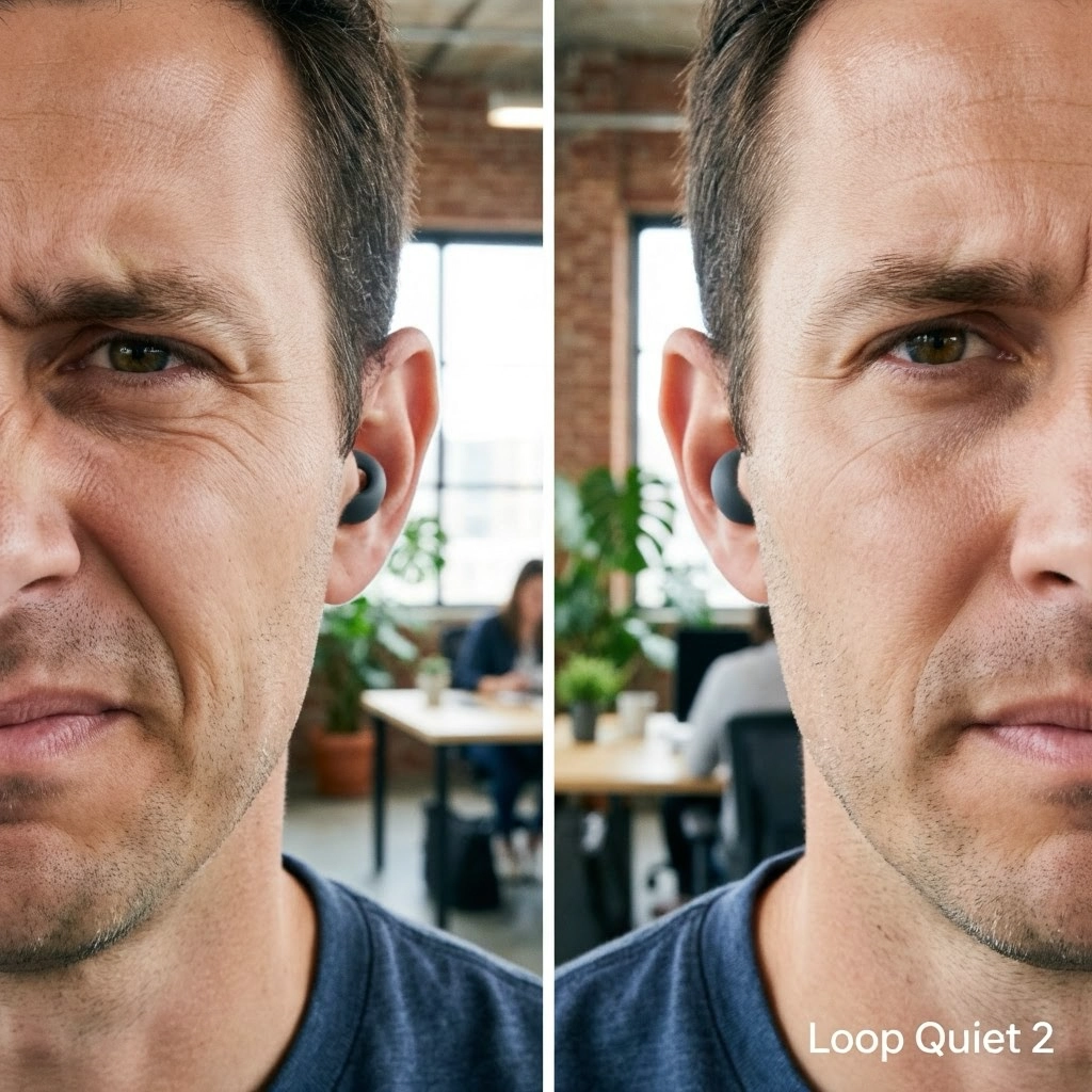 Proper Loop earplug fit vs incorrect size – the difference between 10dB and full 24dB noise reduction in real coworking test