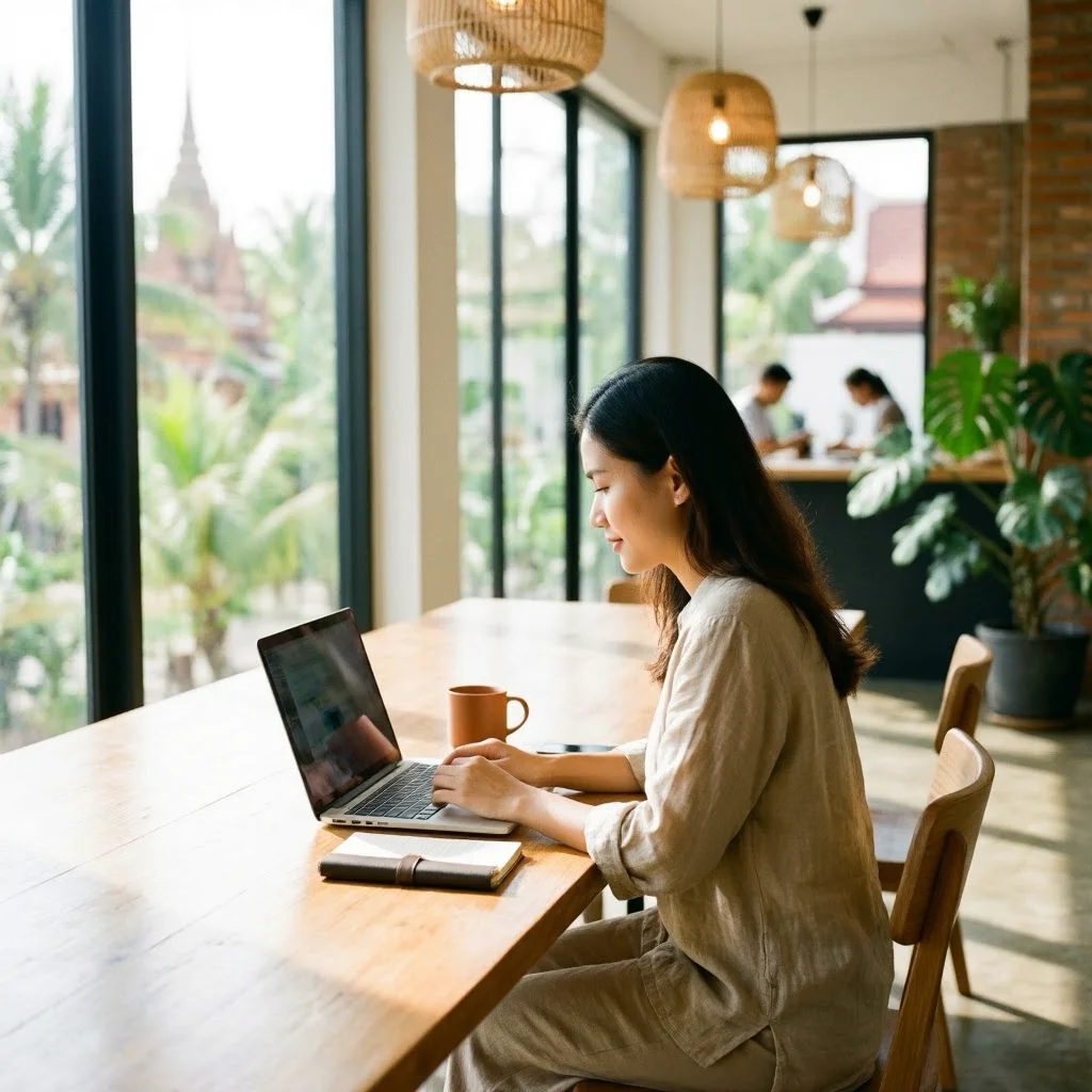 A traveler working in a bright Chiang Mai coworking space, highlighting solo travel tips for meeting people without faking extroversion.