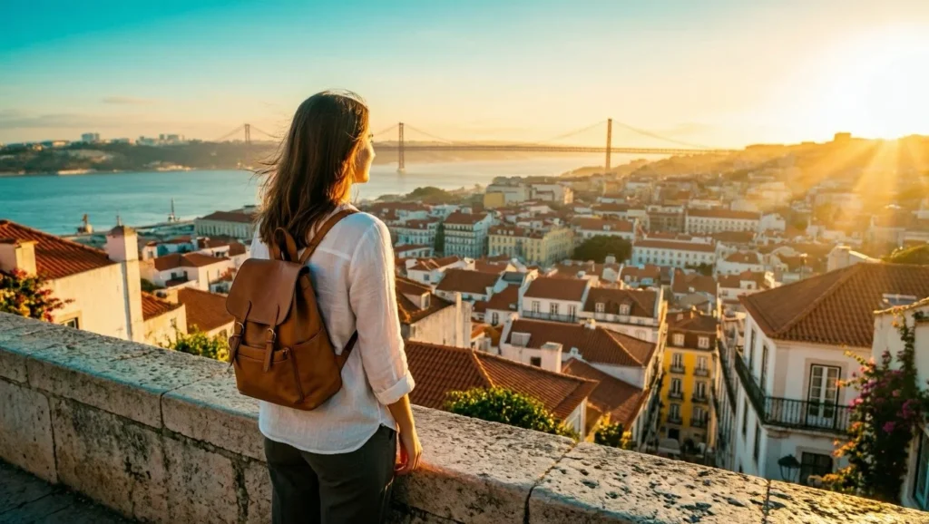 A confident woman traveler standing at a Lisbon viewpoint at golden hour, overlooking orange rooftops and the Tagus River, illustrating the freedom found through practical solo travel tips.