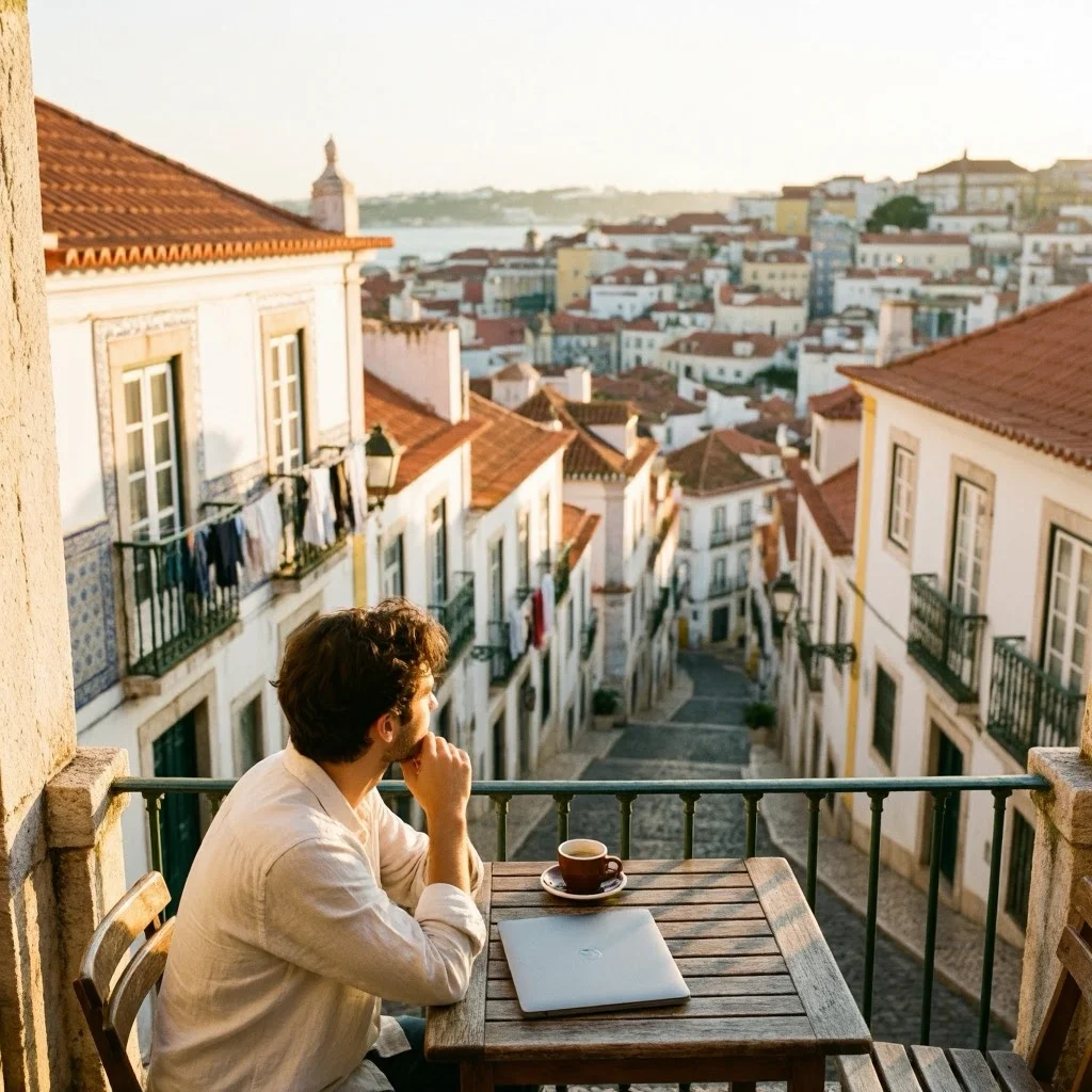 A contemplative traveler sitting at a Lisbon café in Alfama during golden hour, reflecting on solo travel tips for beginners.