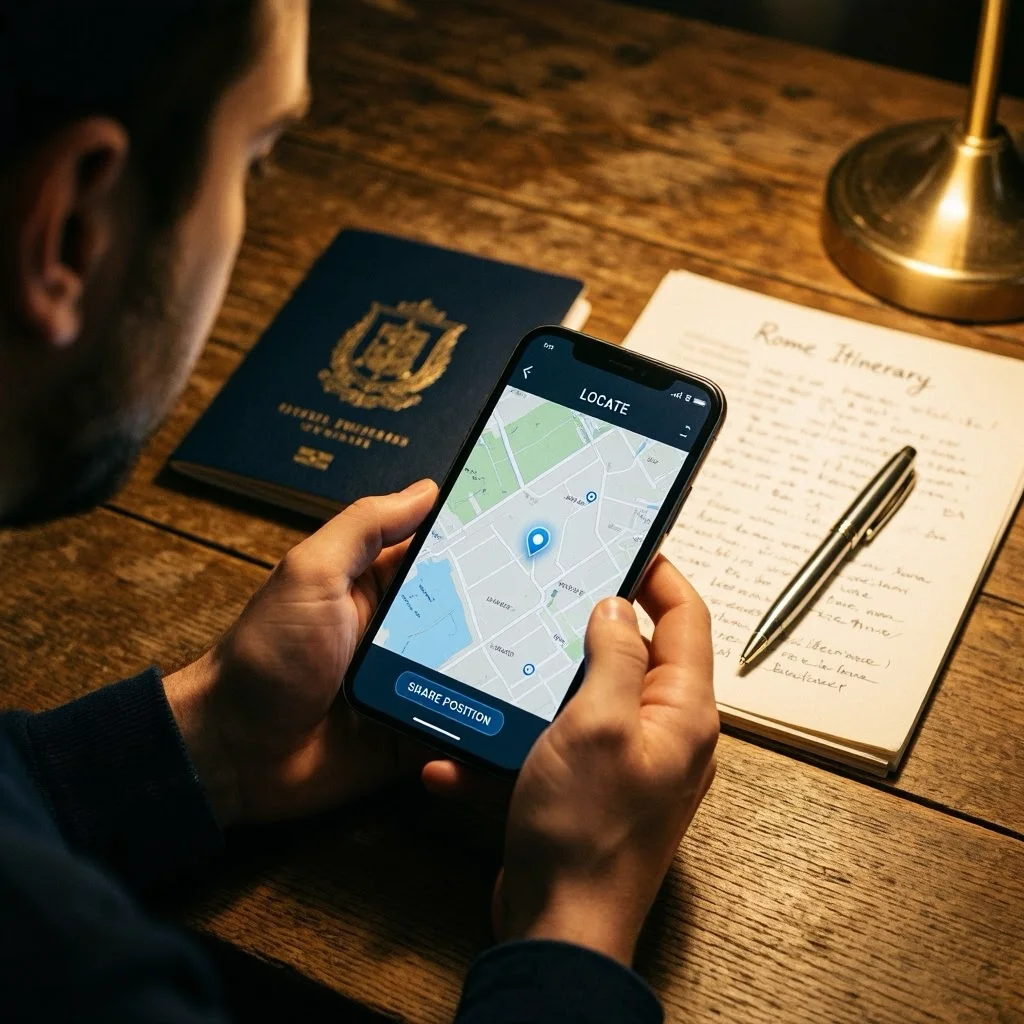 Close-up of hands using a safety app on a smartphone next to a passport and travel notes, illustrating essential solo travel tips.
