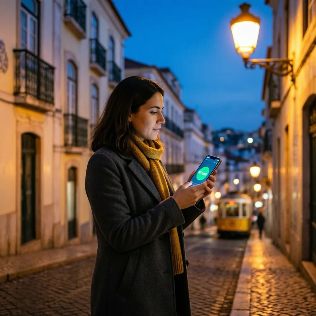 A solo traveler on a Lisbon cobblestone street at dusk checking a safety app, demonstrating real-time solo travel tips for safety.