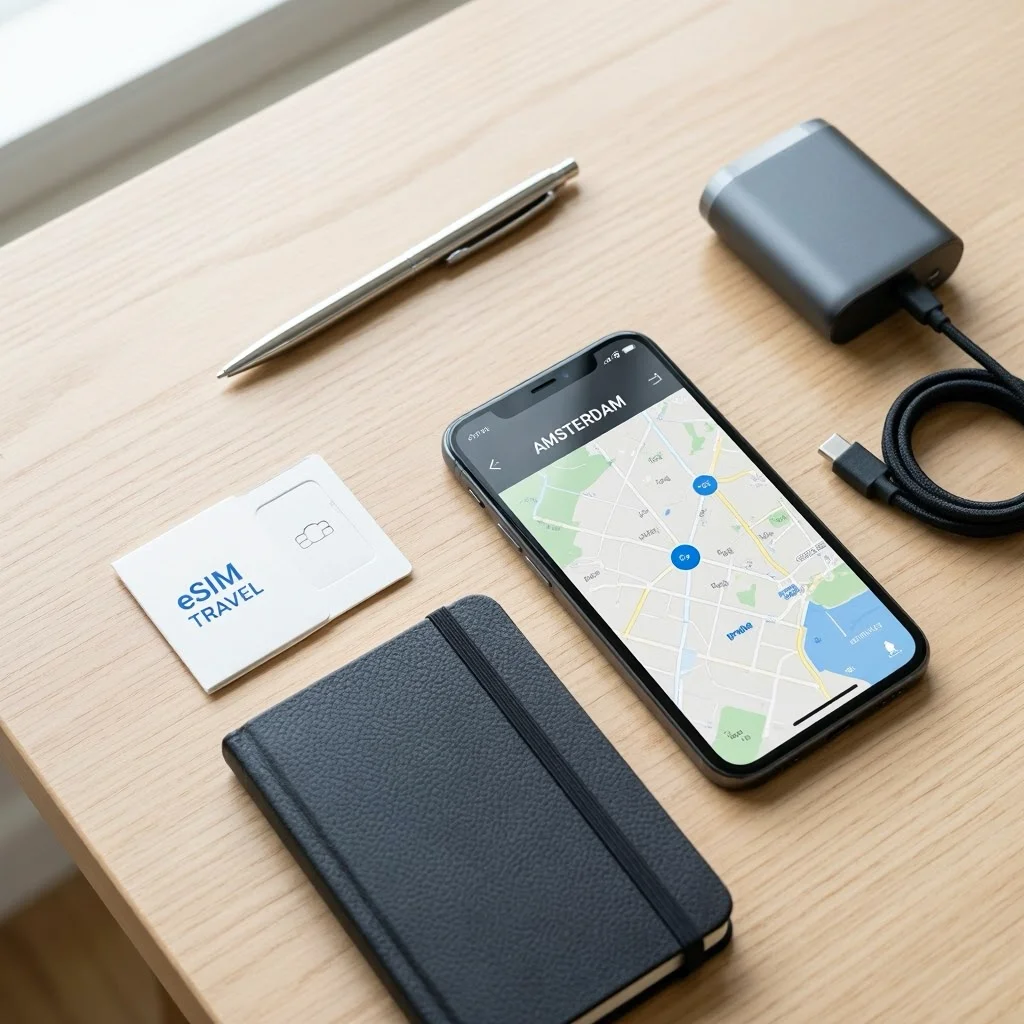 Overhead shot of a minimalist workspace featuring an eSIM card, portable charger, and offline maps on a smartphone for a safe solo trip.